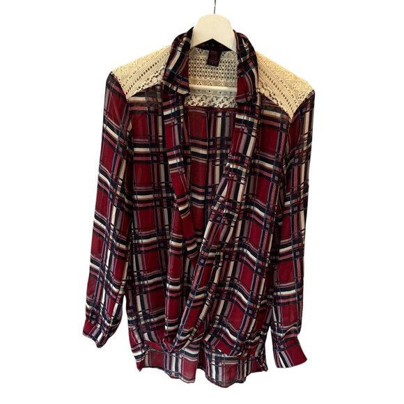 Imaginary Voyage Plaid Lace Drape Front Blouse Red Sheer M Western Cottage - Picture 2 of 8